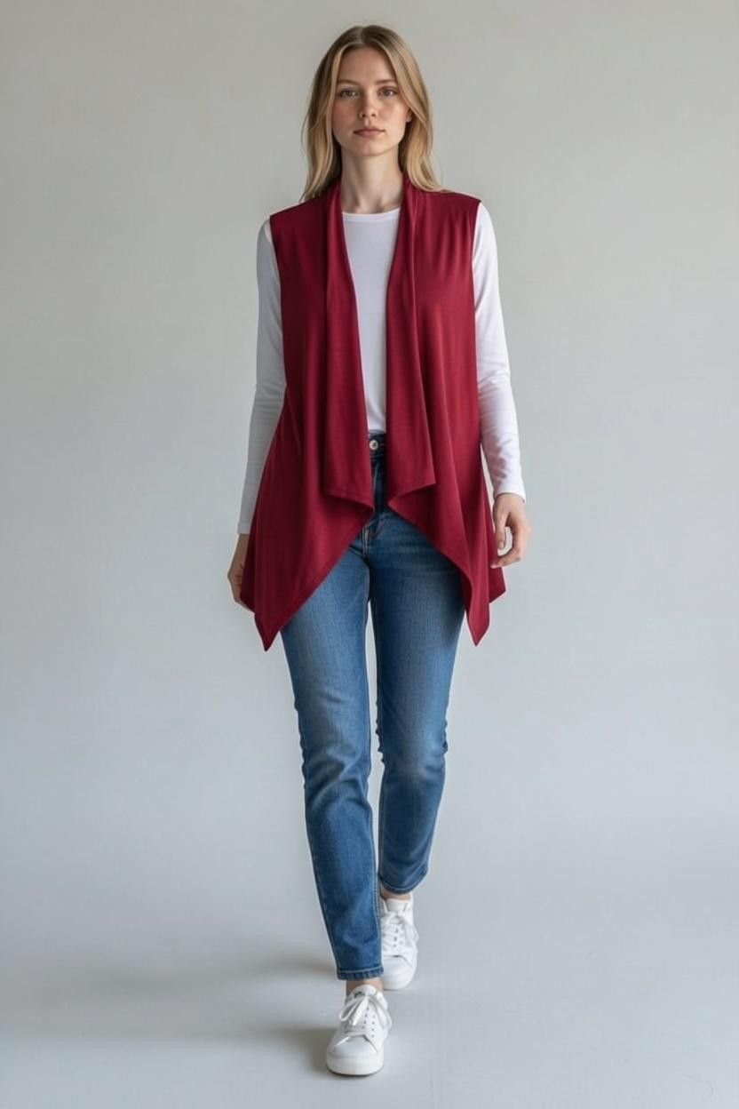 mujer viste chaleco casual color vino abierto de la parte de enfrene