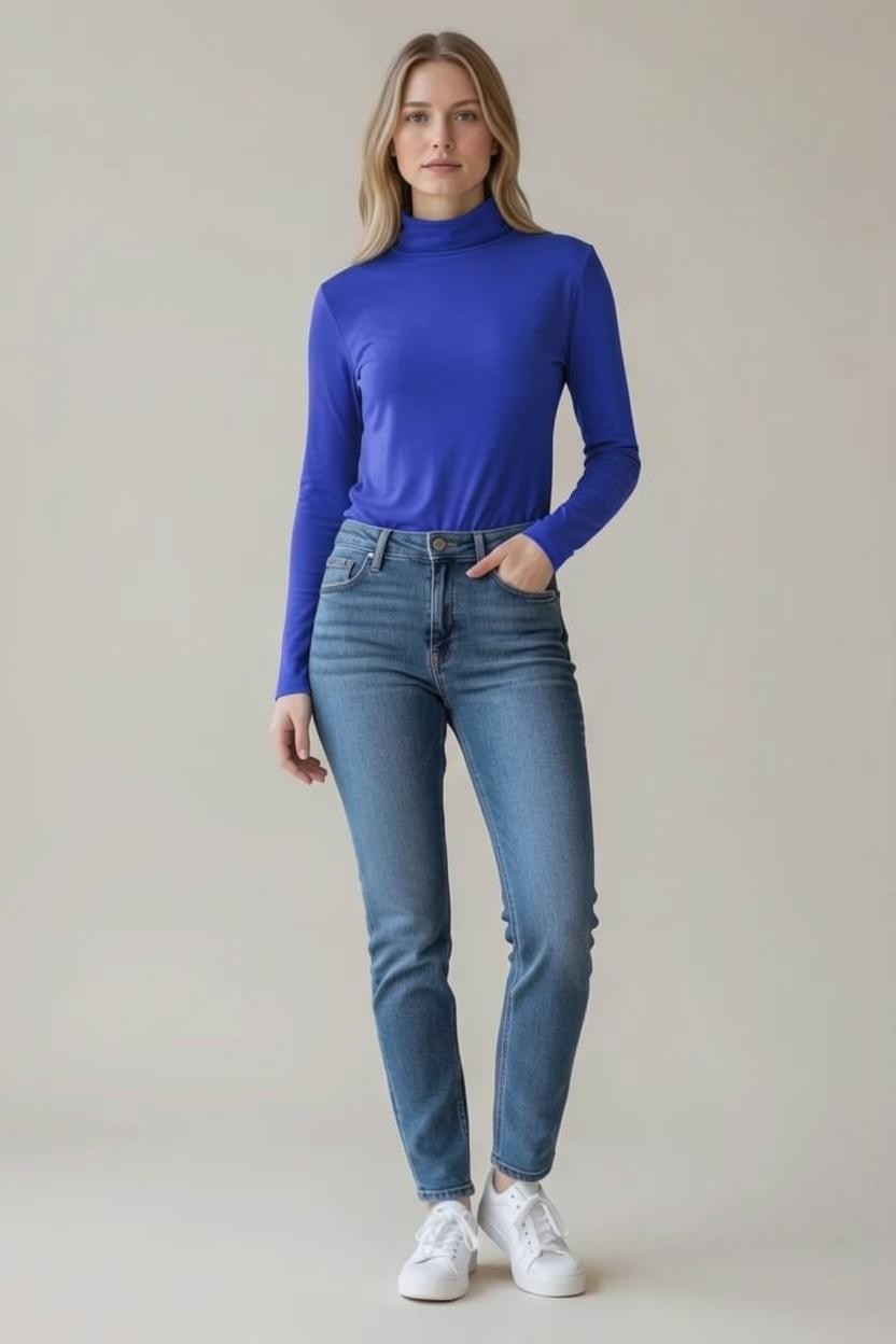 mujer viste blusa azul  rey cuello de tortuga o alto cuello redondo y manga larga